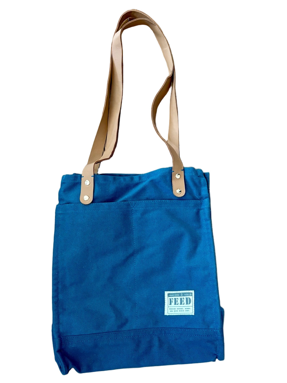 FEED Blue Canvas Messenger Tote with Tan Straps